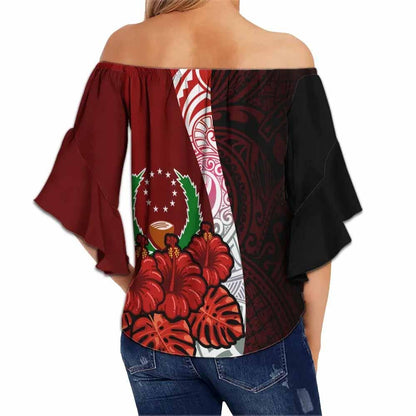 Pohnpei Polynesian Off Shoulder Wrap Waist Top - Hibiscus With Seal