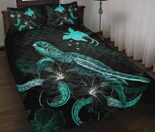 Papua New Guinea Polynesian Quilt Bed Set - Turtle With Blooming Hibiscus Turquoise