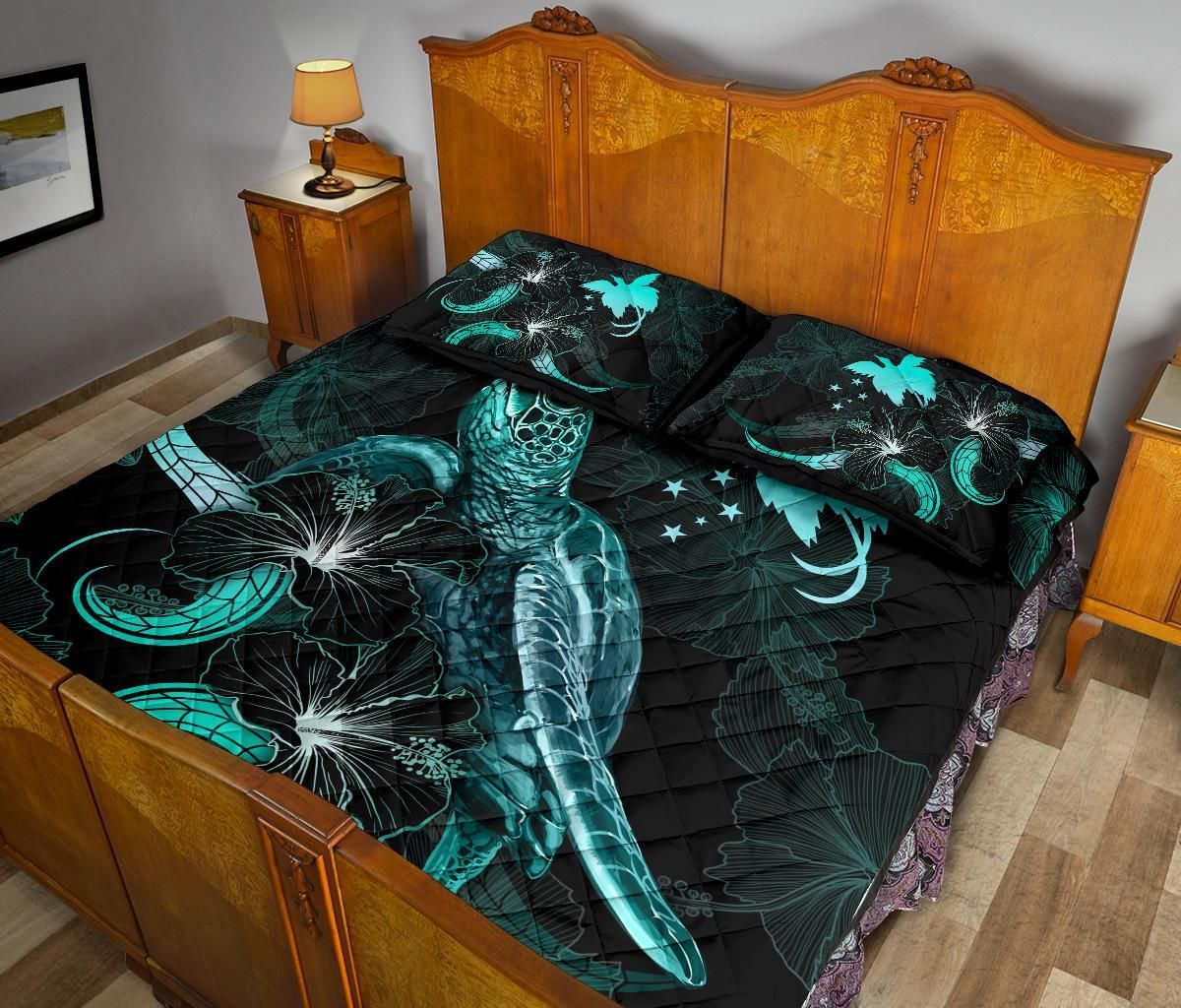 Papua New Guinea Polynesian Quilt Bed Set - Turtle With Blooming Hibiscus Turquoise