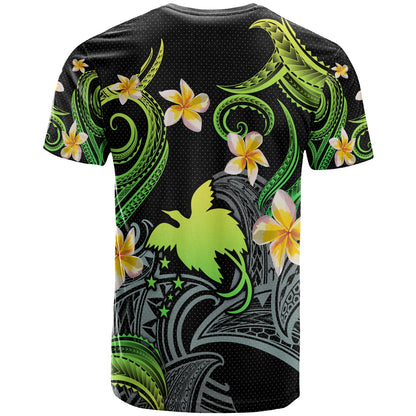 Papua New Guinea T-shirt - Custom Personalised Polynesian Waves with Plumeria Flowers (Green)