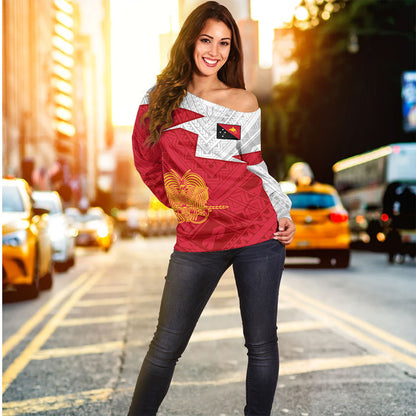 Papua New Guinea Off Shoulder Sweatshirt Polynesian Tattoo Flag And Coat Of Arms