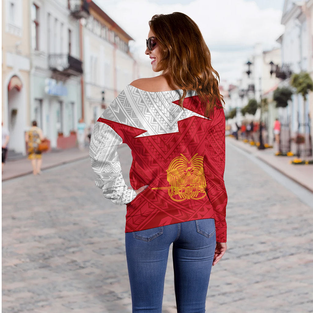 Papua New Guinea Off Shoulder Sweatshirt Polynesian Tattoo Flag And Coat Of Arms