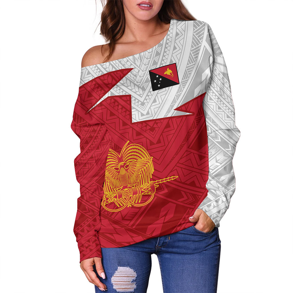 Papua New Guinea Off Shoulder Sweatshirt Polynesian Tattoo Flag And Coat Of Arms