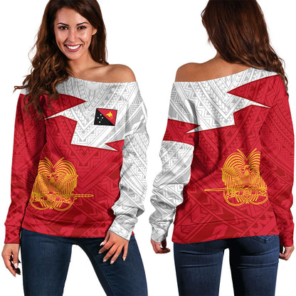 Papua New Guinea Off Shoulder Sweatshirt Polynesian Tattoo Flag And Coat Of Arms