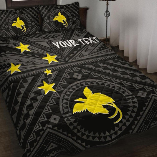 Papua New Guinea Personalised Quilt Bed Set - Flag With Polynesian Patterns (Black)