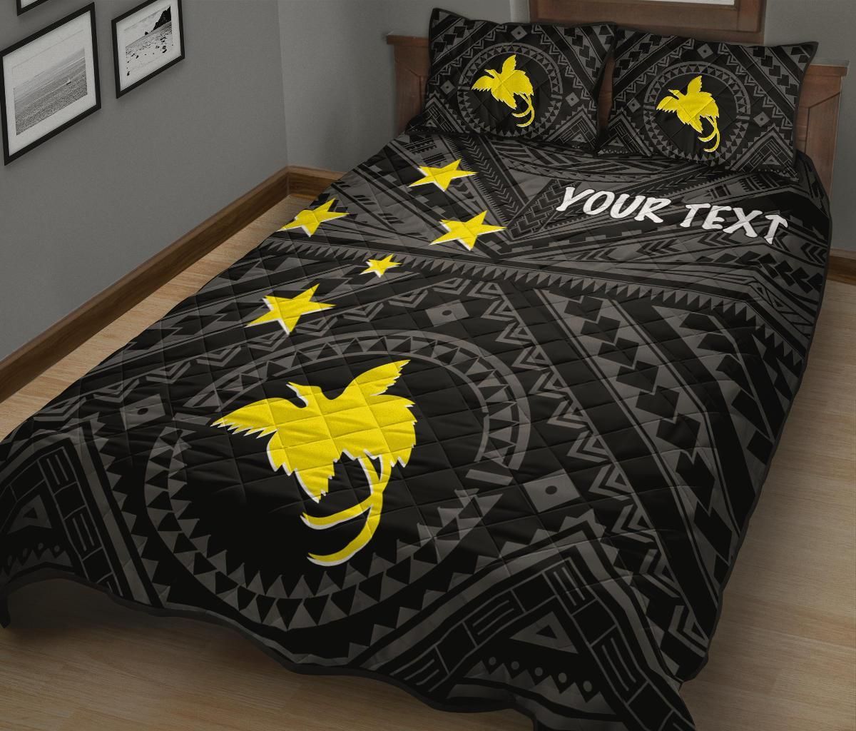 Papua New Guinea Personalised Quilt Bed Set - Flag With Polynesian Patterns (Black)