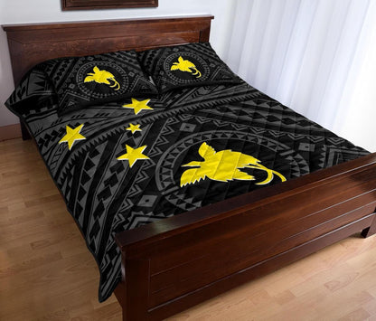 Papua New Guinea Personalised Quilt Bed Set - Flag With Polynesian Patterns (Black)