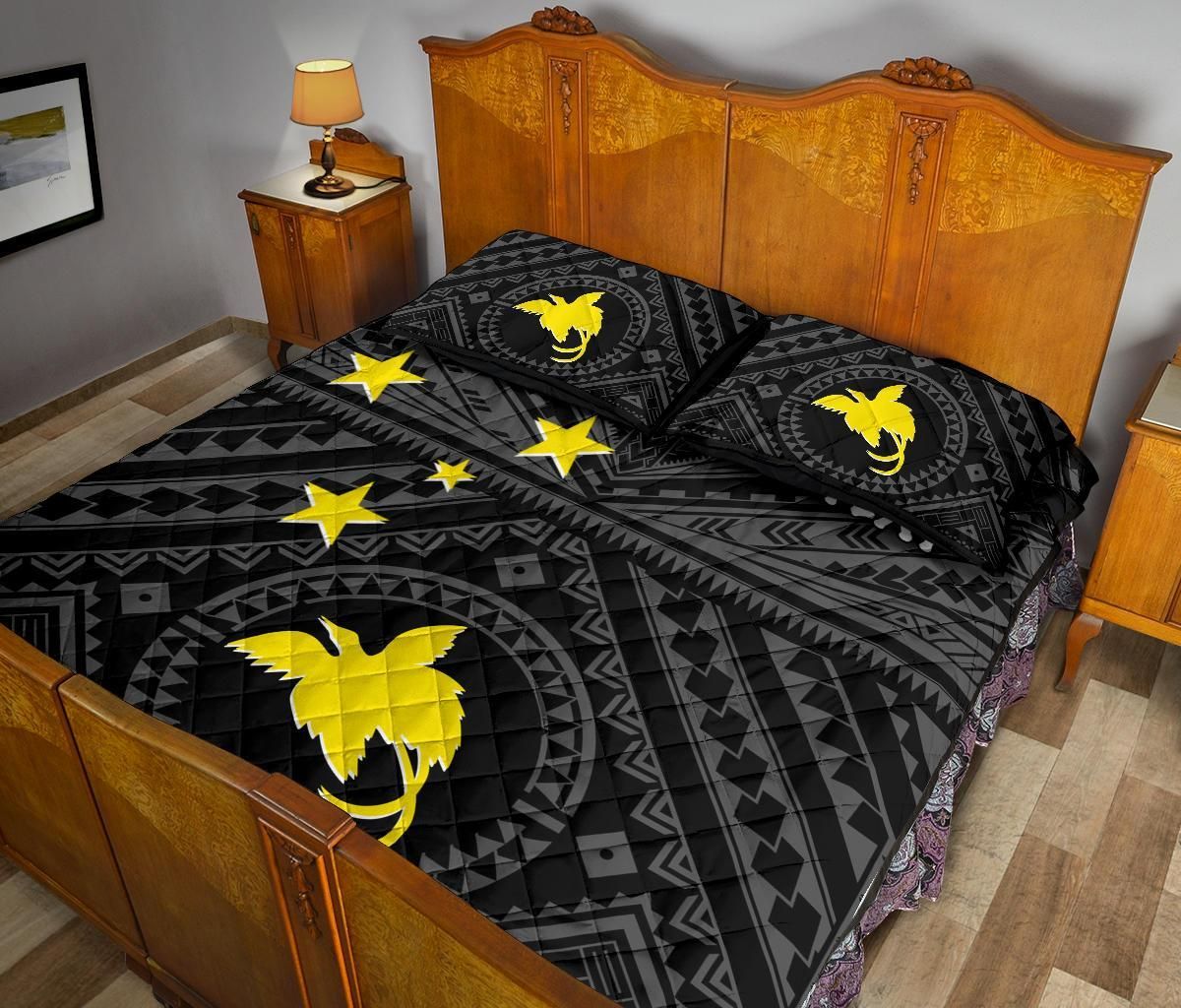 Papua New Guinea Personalised Quilt Bed Set - Flag With Polynesian Patterns (Black)