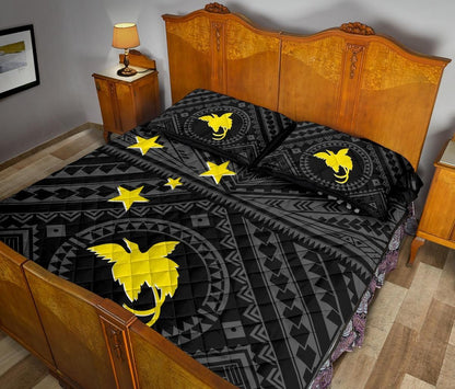 Papua New Guinea Personalised Quilt Bed Set - Flag With Polynesian Patterns (Black)