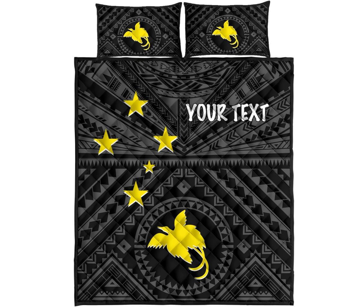 Papua New Guinea Personalised Quilt Bed Set - Flag With Polynesian Patterns (Black)