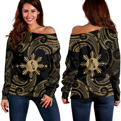 Philippines Filipinos Off Shoulder Sweatshirt Tribal Polynesian Wave Tattoo
