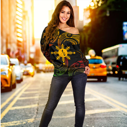 Philippines Filipinos Off Shoulder Sweatshirt Tribal Polynesian Wave Tattoo