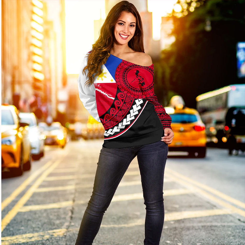 Philippines Filipinos Off Shoulder Sweatshirt Flag And Map Pattern Circle Style