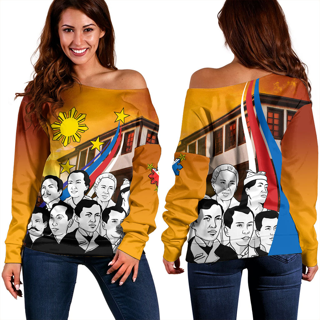 Philippines Filipinos Off Shoulder Sweatshirt National Heroes Flag Sun And Star