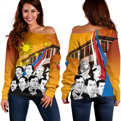 Philippines Filipinos Off Shoulder Sweatshirt National Heroes Flag Sun And Star