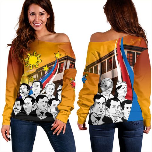 Philippines Filipinos Off Shoulder Sweatshirt National Heroes Flag Sun And Star