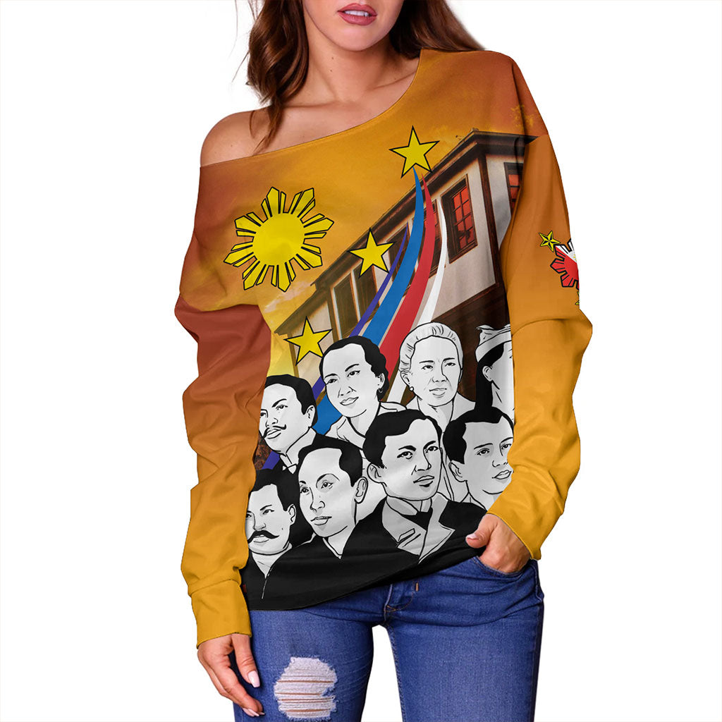 Philippines Filipinos Off Shoulder Sweatshirt National Heroes Flag Sun And Star