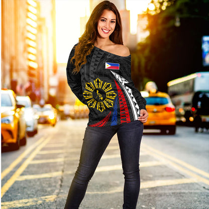 Philippines Filipinos Off Shoulder Sweatshirt Independence Day Polynesia Tribal Wave
