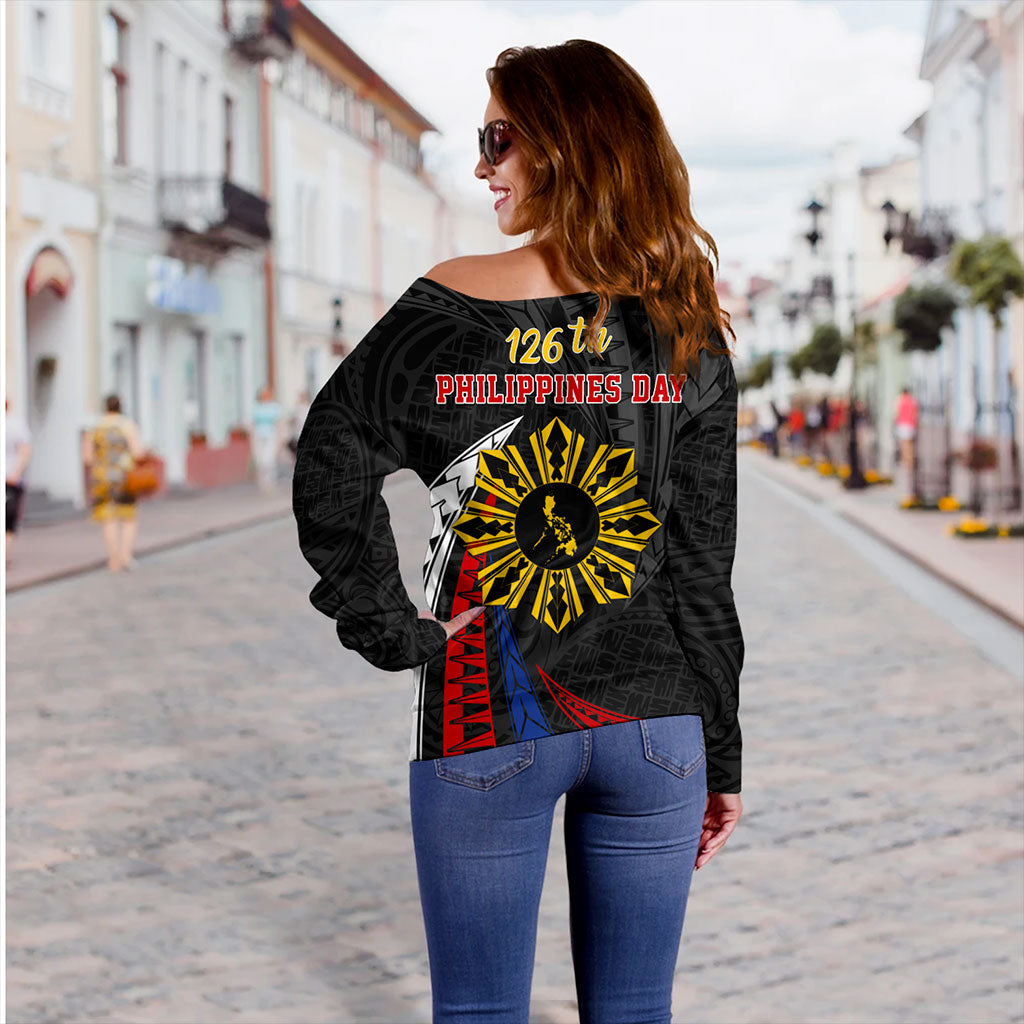 Philippines Filipinos Off Shoulder Sweatshirt Independence Day Polynesia Tribal Wave