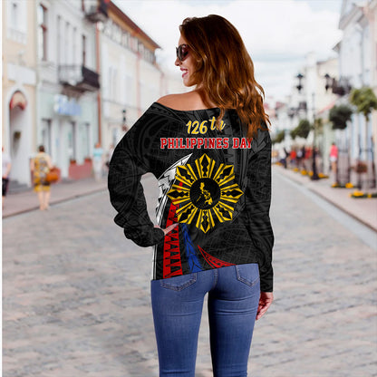 Philippines Filipinos Off Shoulder Sweatshirt Independence Day Polynesia Tribal Wave