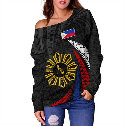 Philippines Filipinos Off Shoulder Sweatshirt Independence Day Polynesia Tribal Wave