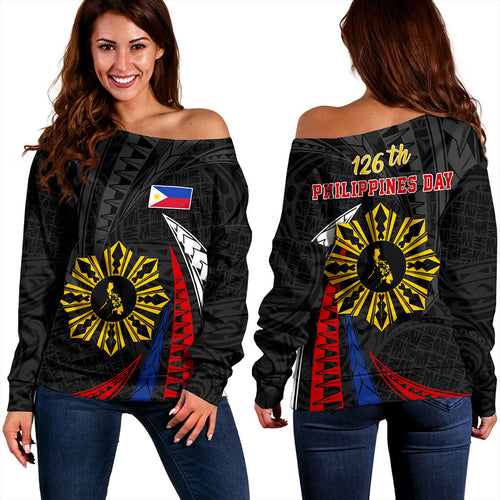 Philippines Filipinos Off Shoulder Sweatshirt Independence Day Polynesia Tribal Wave