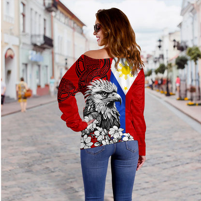 Philippines Filipinos Off Shoulder Sweatshirt Tribal Tattoo Eagles With Sampaguita Flower