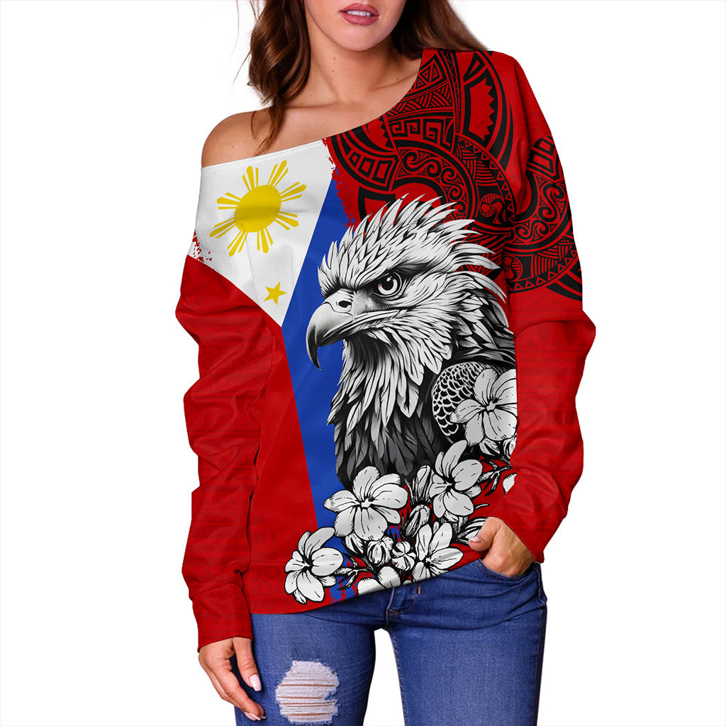 Philippines Filipinos Off Shoulder Sweatshirt Tribal Tattoo Eagles With Sampaguita Flower
