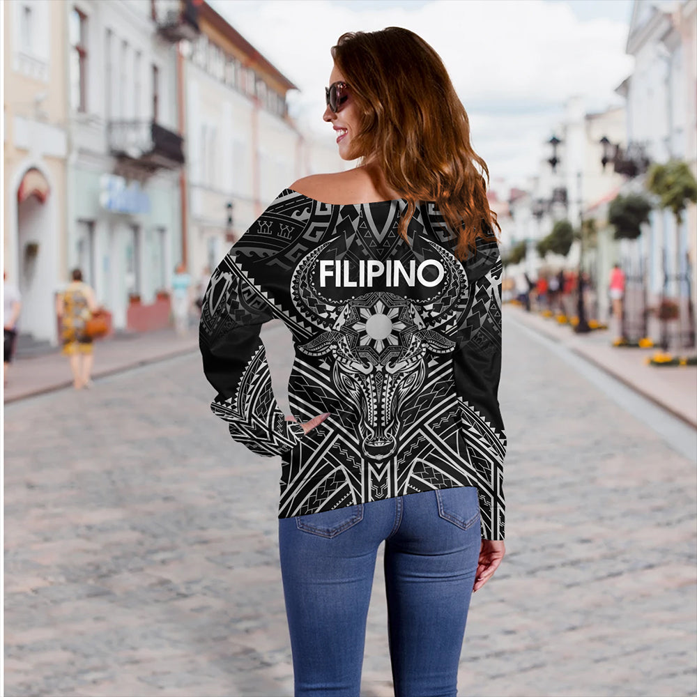 Philippines Filipinos Off Shoulder Sweatshirt Tribal Koner Water Buffalo Tattoo White