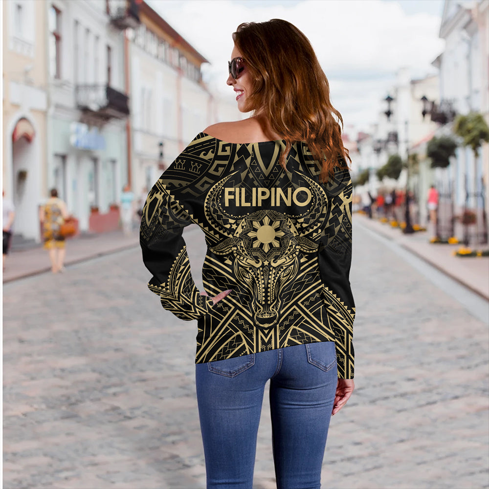 Philippines Filipinos Off Shoulder Sweatshirt Tribal Koner Water Buffalo Tattoo Gold