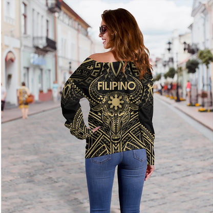 Philippines Filipinos Off Shoulder Sweatshirt Tribal Koner Water Buffalo Tattoo Gold