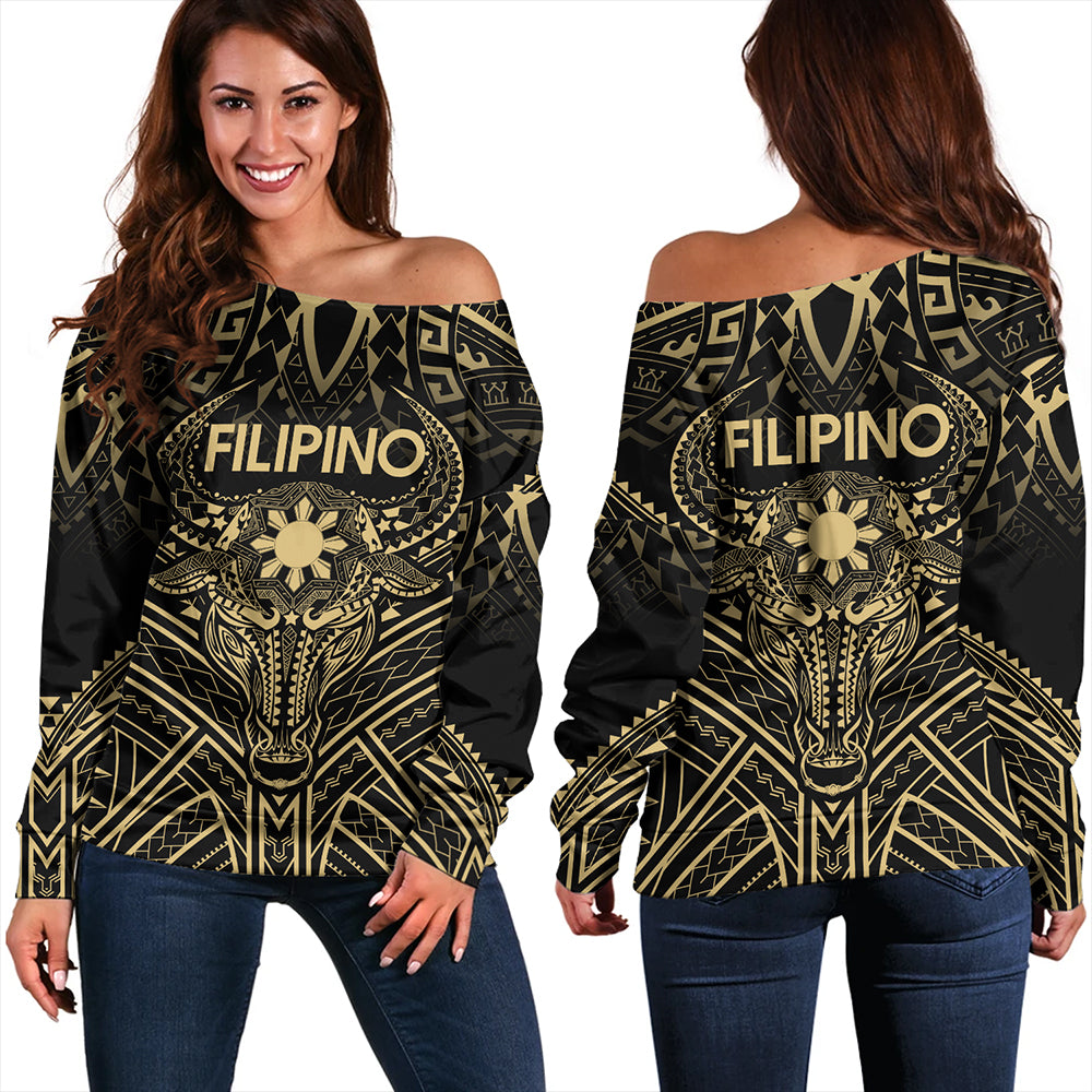 Philippines Filipinos Off Shoulder Sweatshirt Tribal Koner Water Buffalo Tattoo Gold