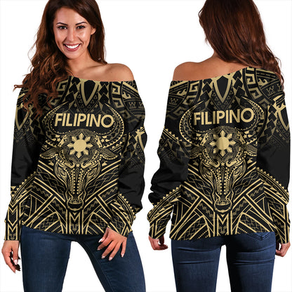 Philippines Filipinos Off Shoulder Sweatshirt Tribal Koner Water Buffalo Tattoo Gold