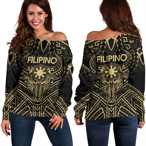 Philippines Filipinos Off Shoulder Sweatshirt Tribal Koner Water Buffalo Tattoo Gold