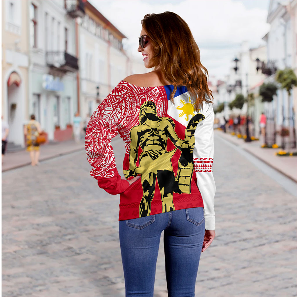 Philippines Filipinos Off Shoulder Sweatshirt Tribal Polynesia Flag With Lapu Lapu