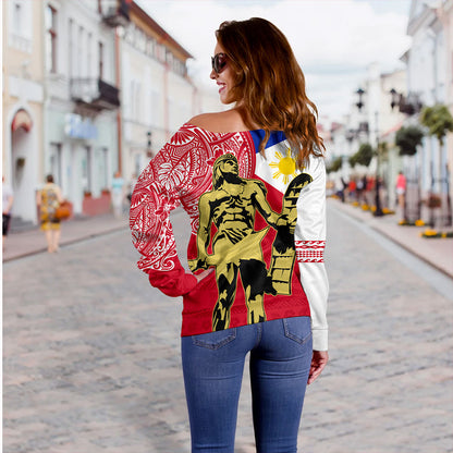 Philippines Filipinos Off Shoulder Sweatshirt Tribal Polynesia Flag With Lapu Lapu