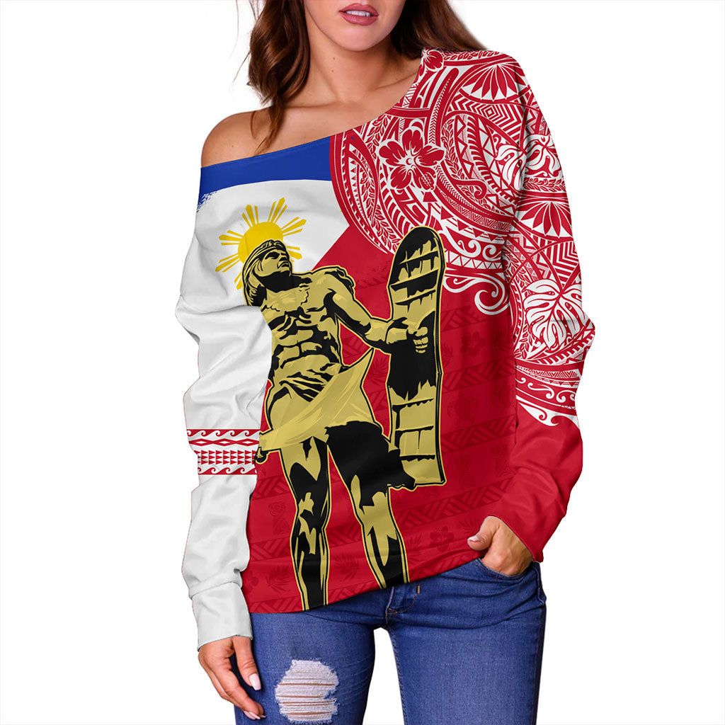 Philippines Filipinos Off Shoulder Sweatshirt Tribal Polynesia Flag With Lapu Lapu
