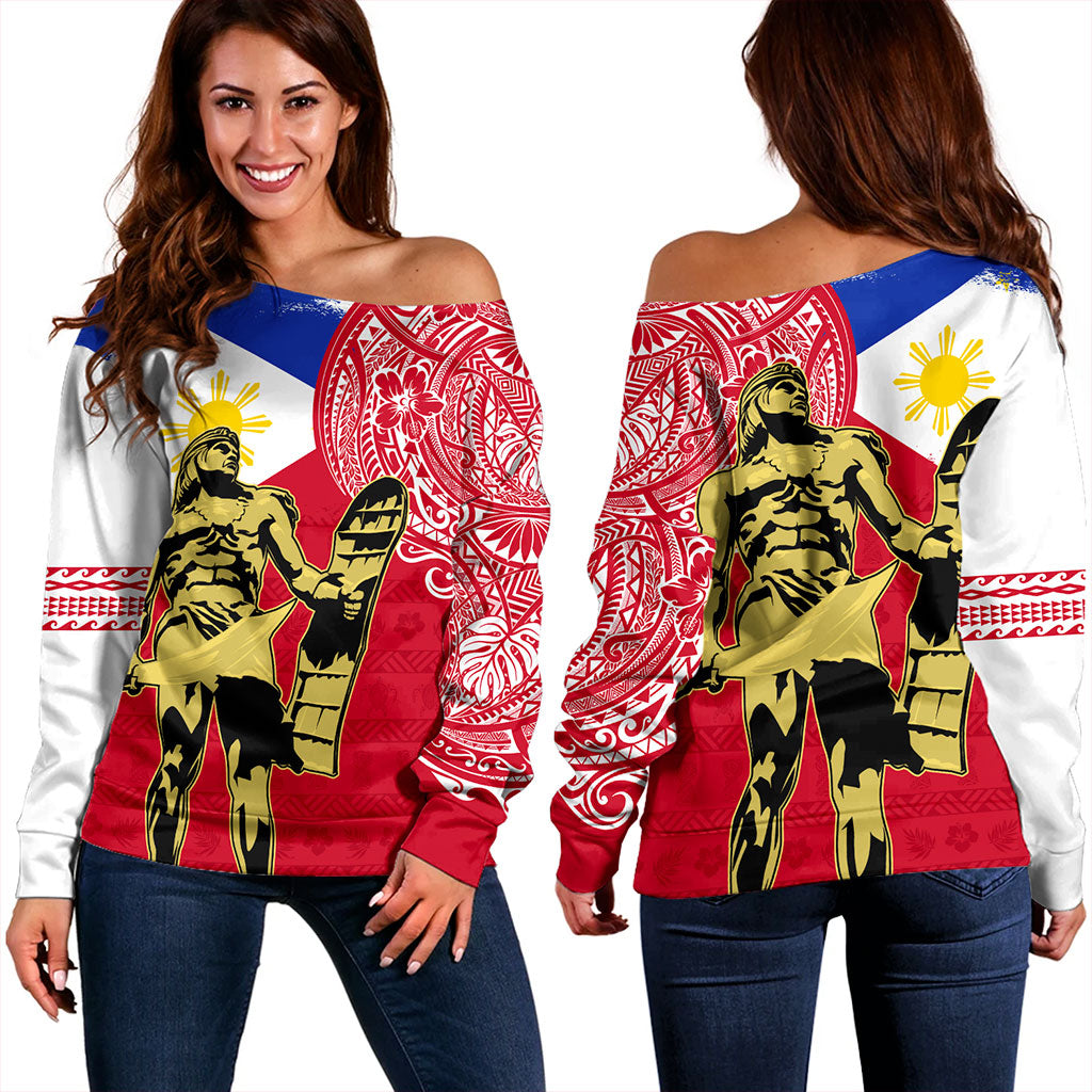 Philippines Filipinos Off Shoulder Sweatshirt Tribal Polynesia Flag With Lapu Lapu