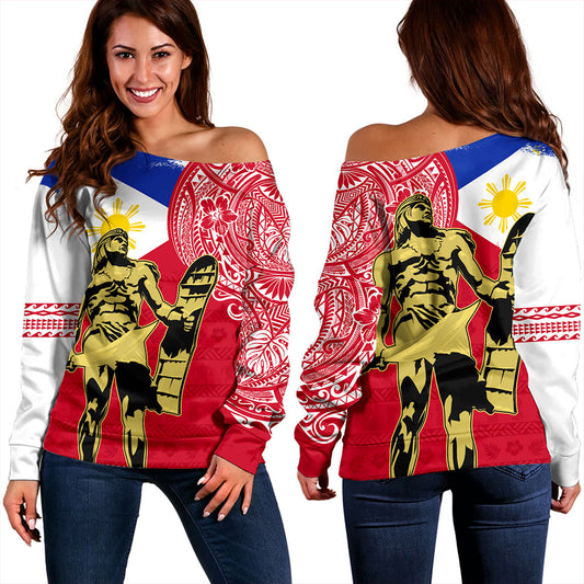 Philippines Filipinos Off Shoulder Sweatshirt Tribal Polynesia Flag With Lapu Lapu