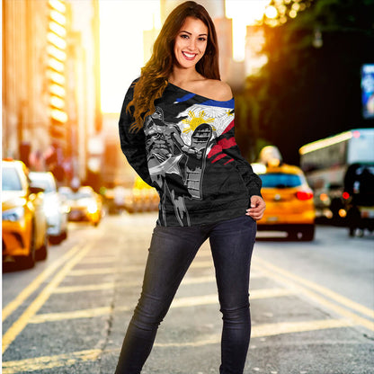 Philippines Filipinos Off Shoulder Sweatshirt Tribal Polynesia Lapu Lapu Crack Style