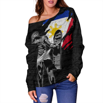 Philippines Filipinos Off Shoulder Sweatshirt Tribal Polynesia Lapu Lapu Crack Style