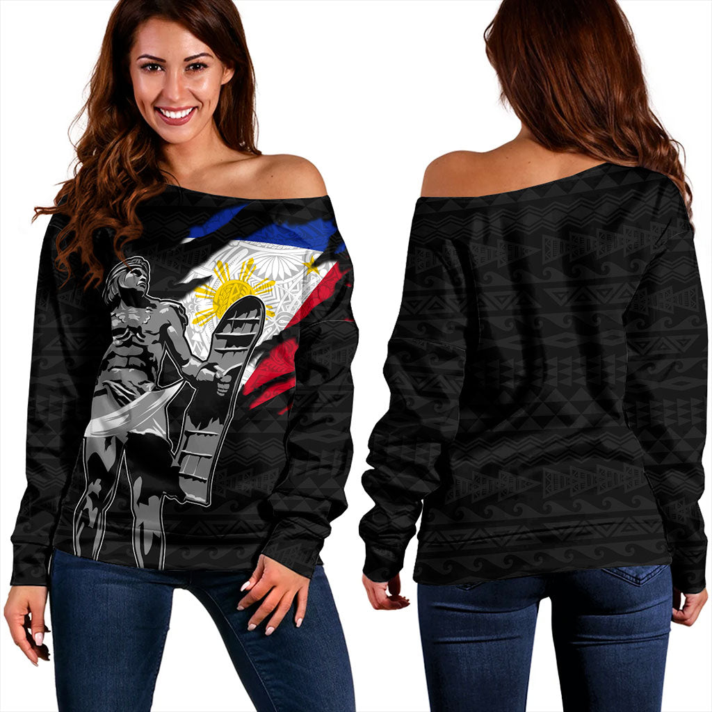 Philippines Filipinos Off Shoulder Sweatshirt Tribal Polynesia Lapu Lapu Crack Style