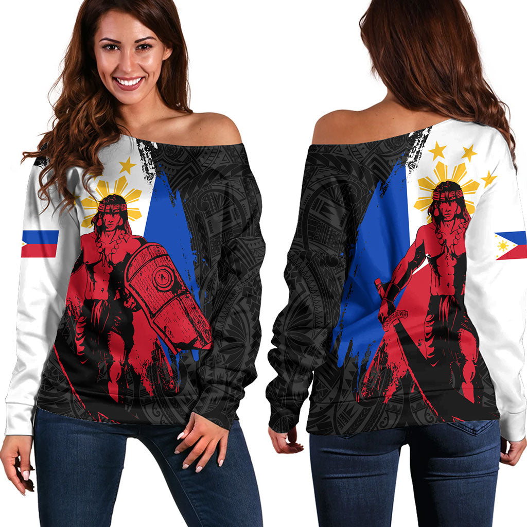 Philippines Filipinos Off Shoulder Sweatshirt Lapu Lapu Warrior Style Flag