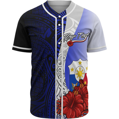 Philippines Polynesian Custom Personalised Baseball Shirt - Coat Of Arm With Hibiscus Blue