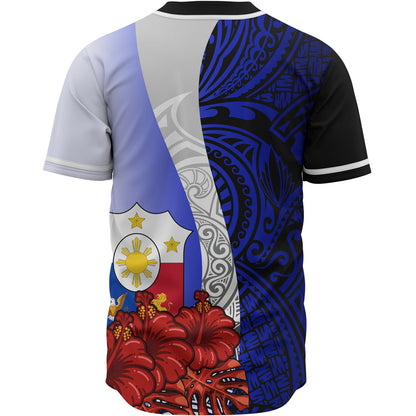Philippines Polynesian Custom Personalised Baseball Shirt - Coat Of Arm With Hibiscus Blue