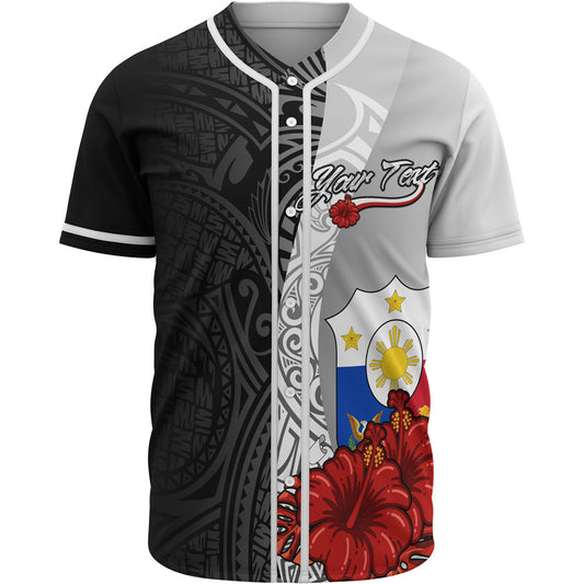 Philippines Polynesian Custom Personalised Baseball Shirt - Coat Of Arm With Hibiscus White