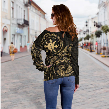 Philippines Filipinos Off Shoulder Sweatshirt Polynesian Tribal Pattern Simple Style Gold