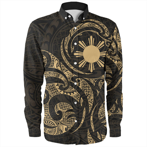 Philippines Filipinos Long Sleeve Shirt Polynesian Tribal Pattern Simple Style Gold