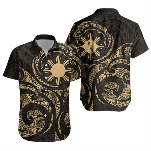 Philippines Filipinos Short Sleeve Shirt Polynesian Tribal Pattern Simple Style Gold