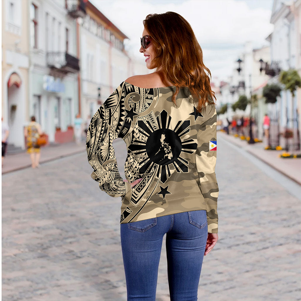 Philippines Filipinos Off Shoulder Sweatshirt Tribal Tattoo With Camouflage Pattern
